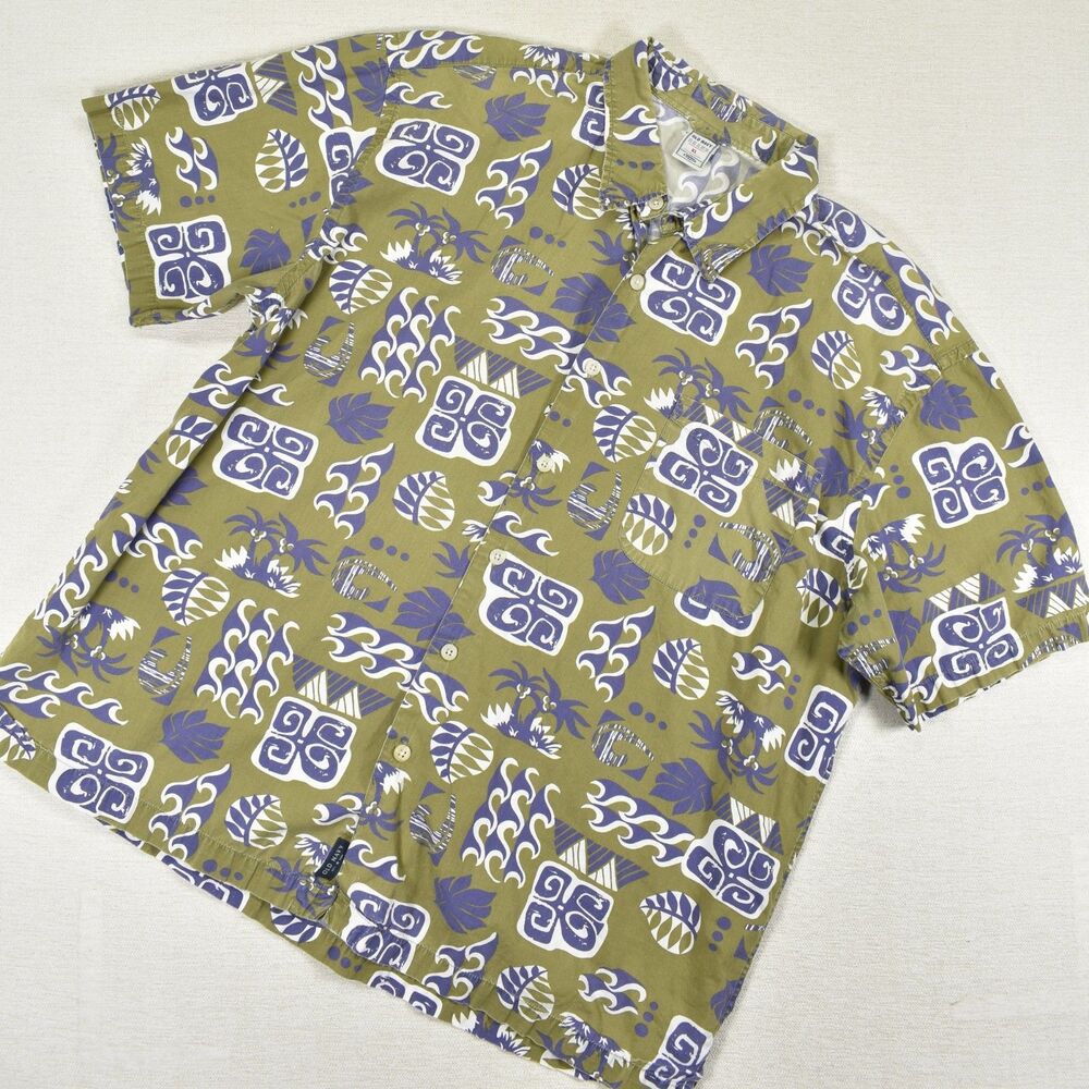 Vintage Y2K Old Navy Hawaiian Shirt Mens XL Green Purple Tiki Tribal Cotton Camp